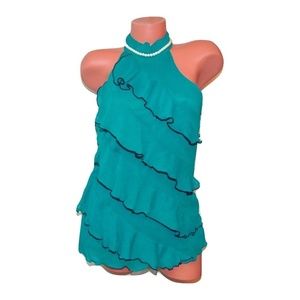 Teal Sleeveless Ruffled Turtleneck Tank Top